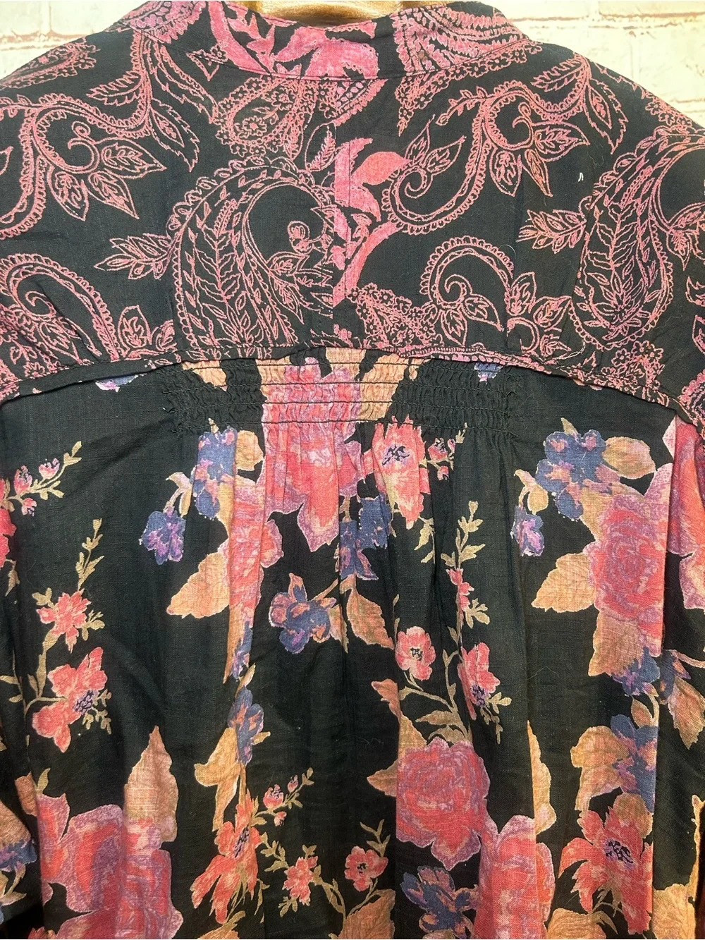 Free People Maraya Paisley Floral Blouse XL Black Multi Boho Balloon Sleeve Top